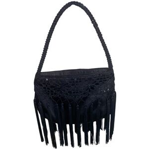 Vintage Stephanie Black Beaded Sequins Fringe Handbag With Zipper Closure